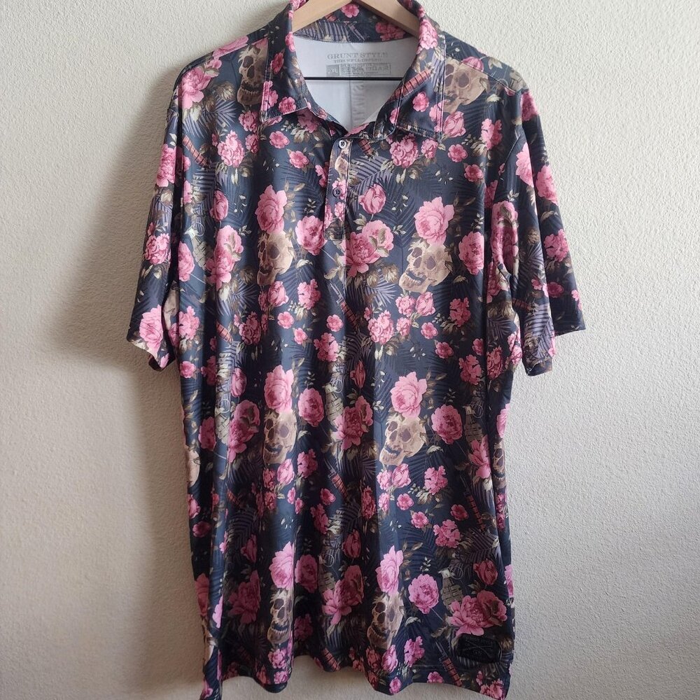 Grunt Style Polo Shirt Mens 2XL Black Pink Floral Skulls Grenades Stretch Golf